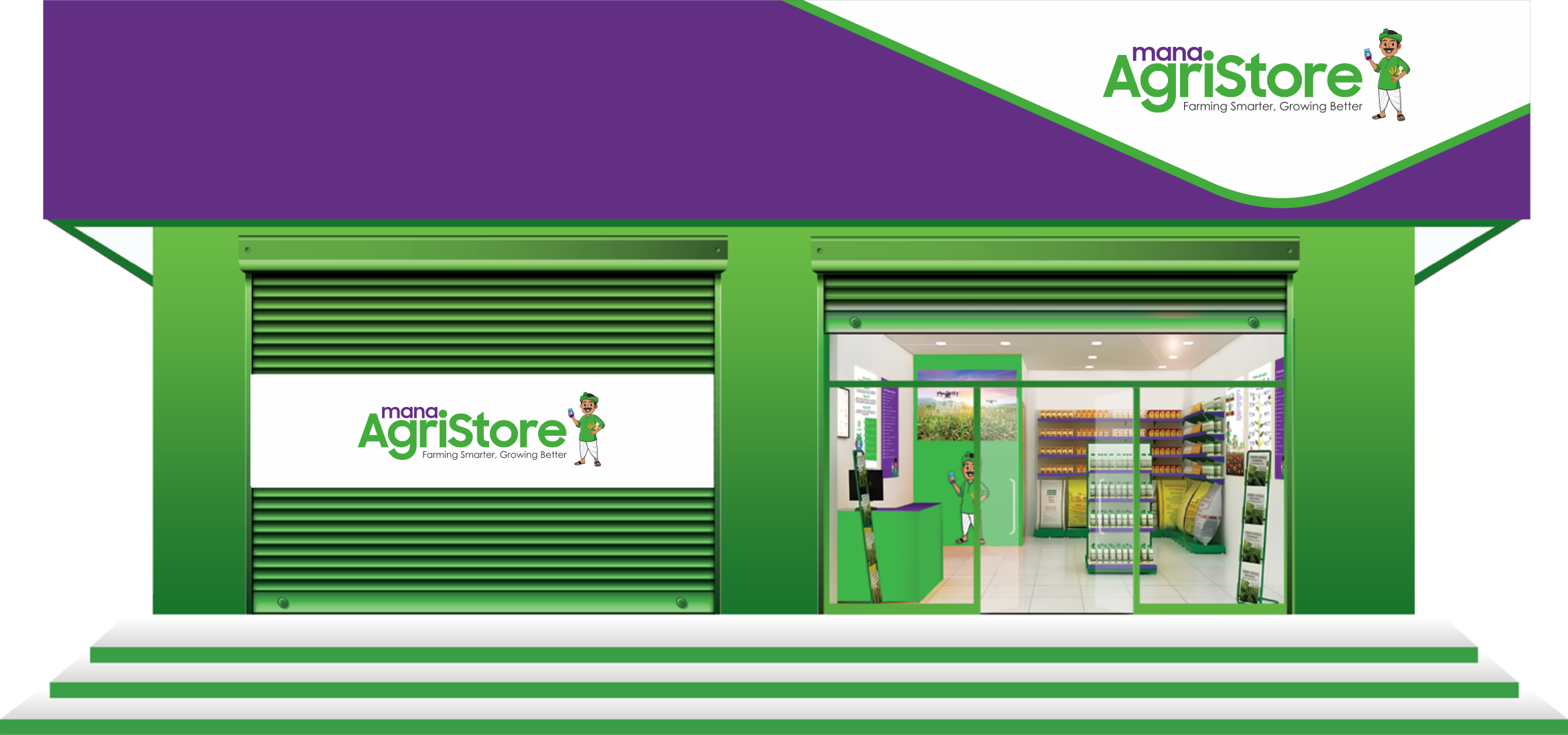 Mana Agri Store branded retail outlet illustration — storefront with purple signage, mascot, and closed shutter on the left, and an open shutter revealing a stocked interior with product shelving on the right